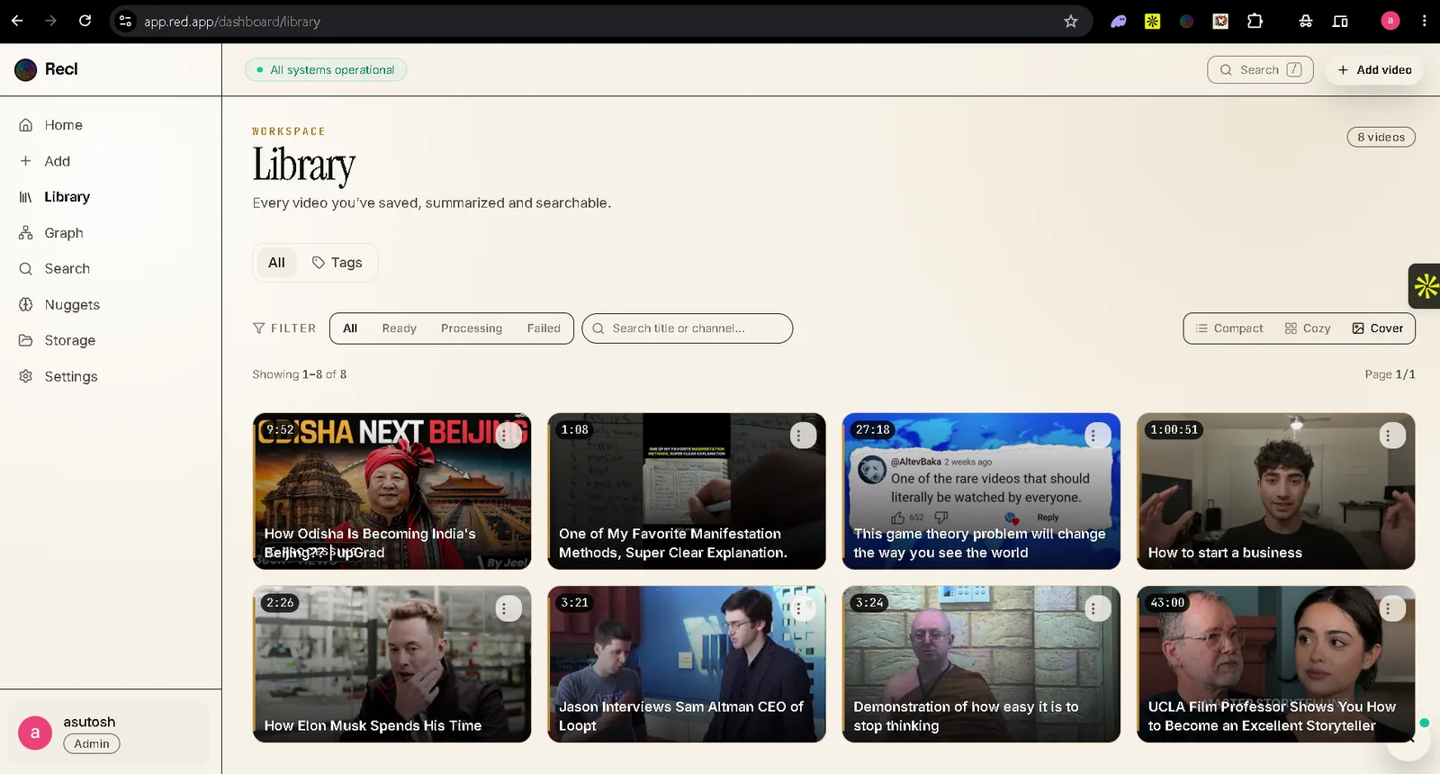 The Recl library: eight saved videos, each with a duration badge and an AI-generated title, filterable by tag and status.
